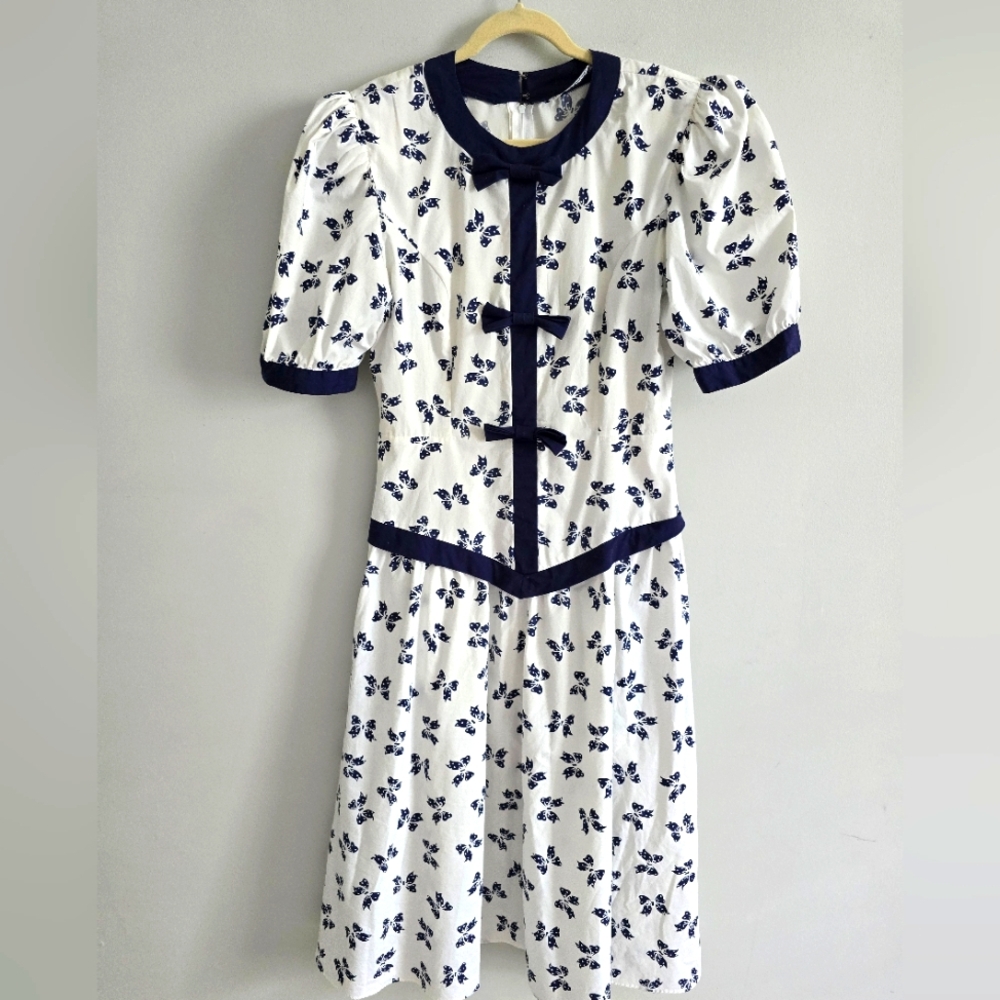 Vintage Sunshine Starshine Sailorcore Sz 12 Dress Blue White Bow Puff Sleeve
